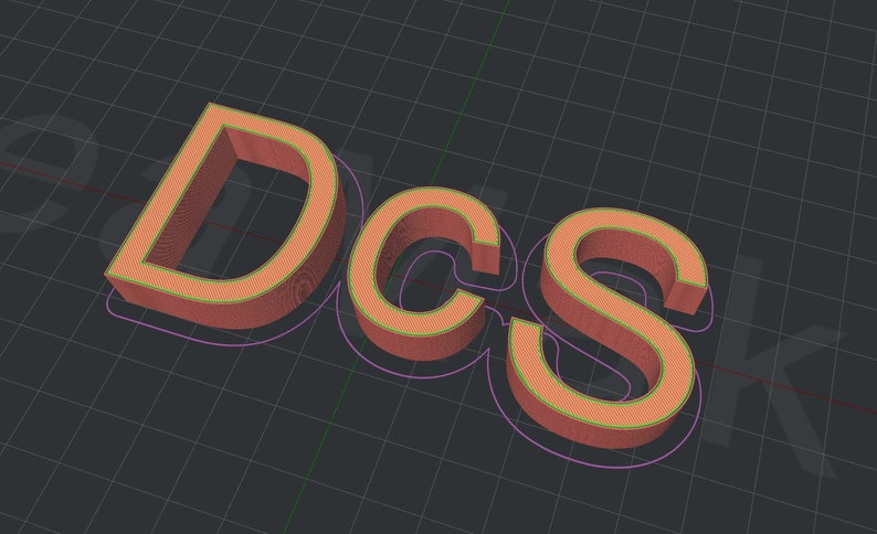 May include: A 3D rendering of the word "DCS" in a bold, orange font with a yellow outline. The letters are stacked on top of each other, creating a sense of depth.