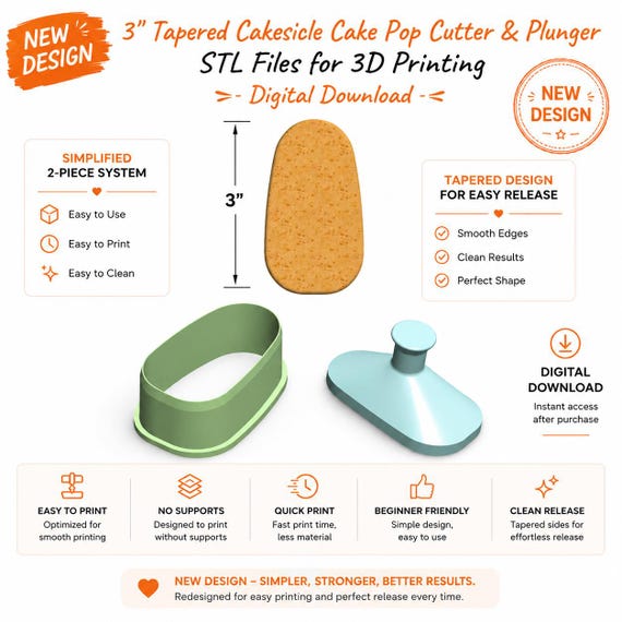 3" Tapered Cakesicle Cake Pop Cutter & Plunger Stl Files | Cake Pop Mold 3d Print Stl File | Cake Pop Making Tool STL | Digital Download