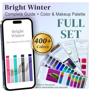 Guia e paleta de cores brilhantes de inverno, paleta de cores claras de inverno, cores de maquiagem, unhas, metais, paleta sazonal, análise digital de cores de amostra