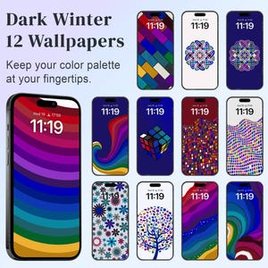 Puede incluir: Doce fondos de pantalla de teléfono coloridos con un tema de invierno oscuro. Los fondos de pantalla presentan patrones geométricos, diseños abstractos y un degradado de arcoíris.