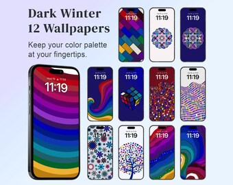 Fondos de pantalla de paleta de colores de temporada de invierno oscuro / Muestras de color de análisis de color de invierno profundo para fondo de pantalla de teléfono móvil con pantalla de bloqueo