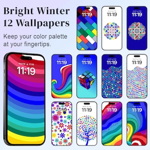 Puede incluir: Doce fondos de pantalla de teléfono coloridos con un tema de invierno brillante. Los fondos de pantalla presentan patrones geométricos, diseños abstractos y una gama de colores arcoíris.