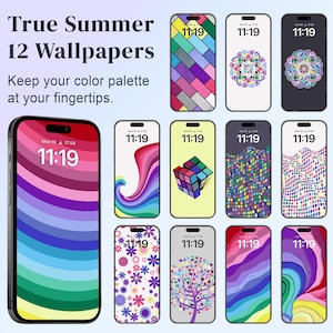 May include: Twelve colorful phone wallpapers with a rainbow theme. The wallpapers feature abstract designs, geometric patterns, and a Rubik's cube. The time 11:19 is displayed on each wallpaper.