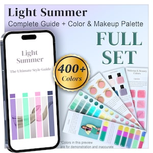 Puede incluir: Una guía digital y una paleta de colores para la temporada de color Light Summer. La guía incluye más de 400 colores y está etiquetada como "The Ultimate Style Guide". La paleta de colores incluye muestras de maquillaje, esmalte de uñas y ropa.