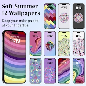May include: Twelve colorful phone wallpapers with abstract designs and the time 11:19 displayed on each screen. The designs include geometric shapes, wavy lines, and floral patterns.