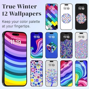 Op de afbeelding: Twaalf kleurrijke telefoonachtergronden met abstracte ontwerpen, geometrische patronen en een verscheidenheid aan kleuren, waaronder blauw, roze, geel, groen en paars. De achtergronden tonen de tijd 11:19.