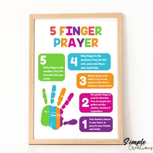 Póster de oración de los cinco dedos, impresiones para la educación en casa, versículo bíblico para niños, escrituras, cristiano, escuela dominical, descarga digital educativa católica