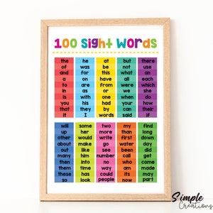 May include: A framed educational poster with the text "100 Sight Words" in colorful blocks. The poster is designed for early childhood education, featuring common words in a clear, easy-to-read format. The frame is a light wood color.