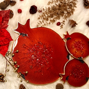 Resin Pomegranate Tray and Coasters: Unique Table Decor
