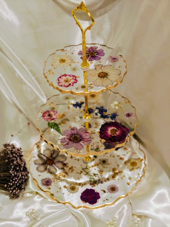 3 tiered resin tray/ cupcake stand/ dessert stand/ real pressed flowers