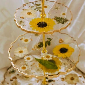 3 tiered resin tray/ cupcake stand/ dessert stand/ real pressed flowers Yellow Sunflowers