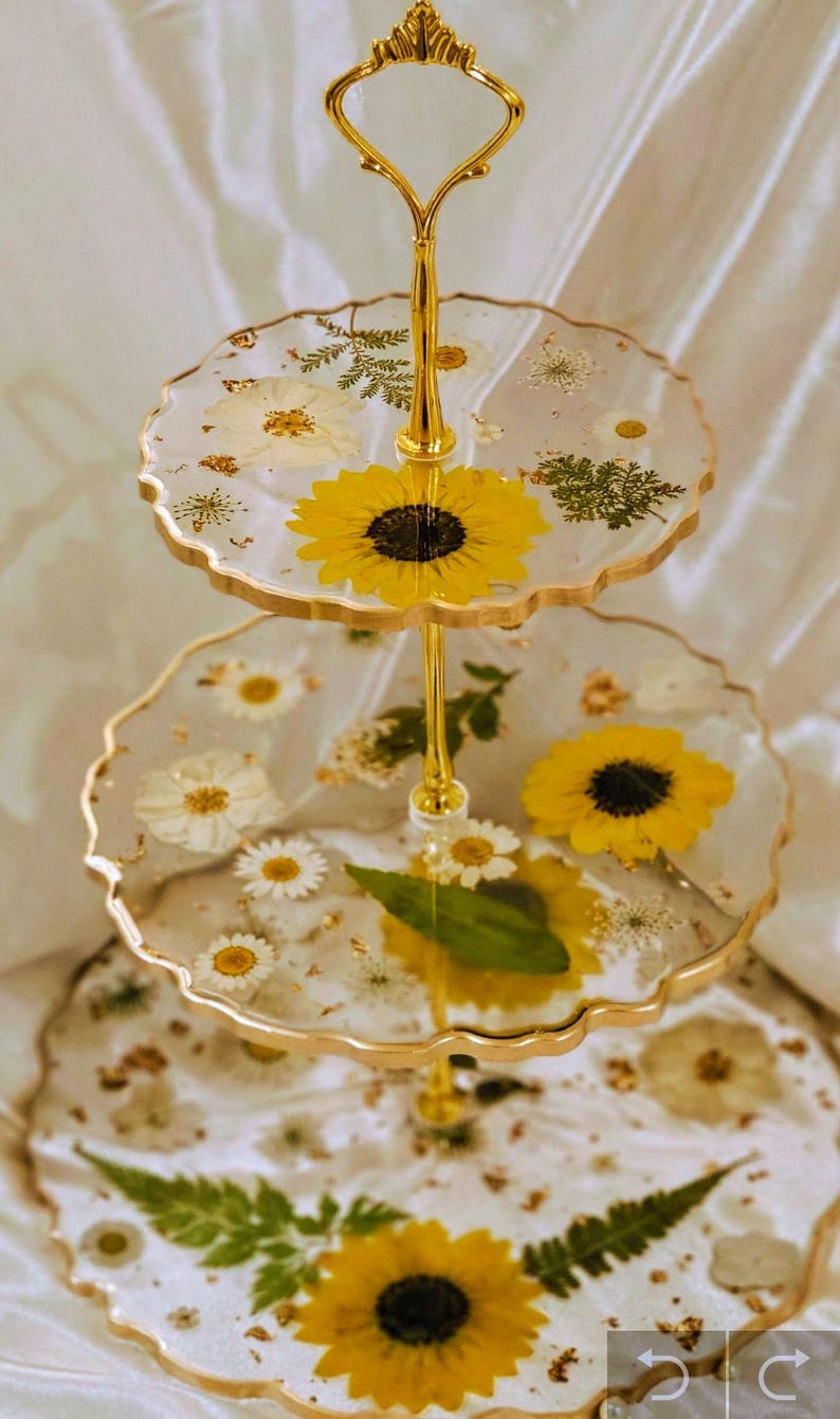 3 tiered resin tray/ cupcake stand/ dessert stand/ real pressed flowers Yellow Sunflowers