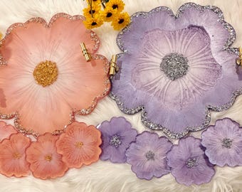 Handmade Flower Resin Tray Set: Decorative Vanity Tray with Coasters