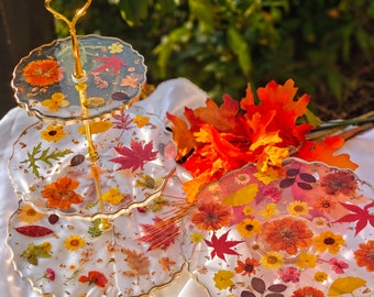 3-Tier Resin Dessert Stand: Real Pressed Flowers, Fall Colors