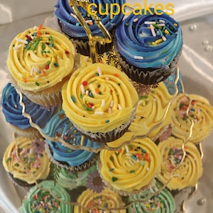 Our Large 3tiered dessert stand holds up to 24 medium sized cupcakes & XL stand holds up to more than 30 cupcakes.