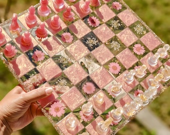 Large Floral Resin Chess Board Set: Elegant Game Room Decor (12x12")