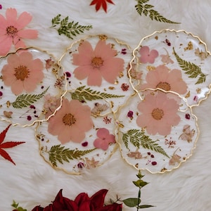 Pink resin real pressed flowers coasters