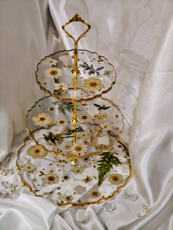3 tiered resin tray/ cupcake stand/ dessert stand/ real pressed flowers