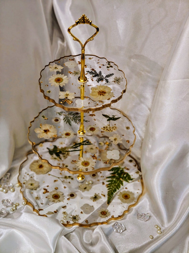 3 tiered resin tray/ cupcake stand/ dessert stand/ real pressed flowers White Only