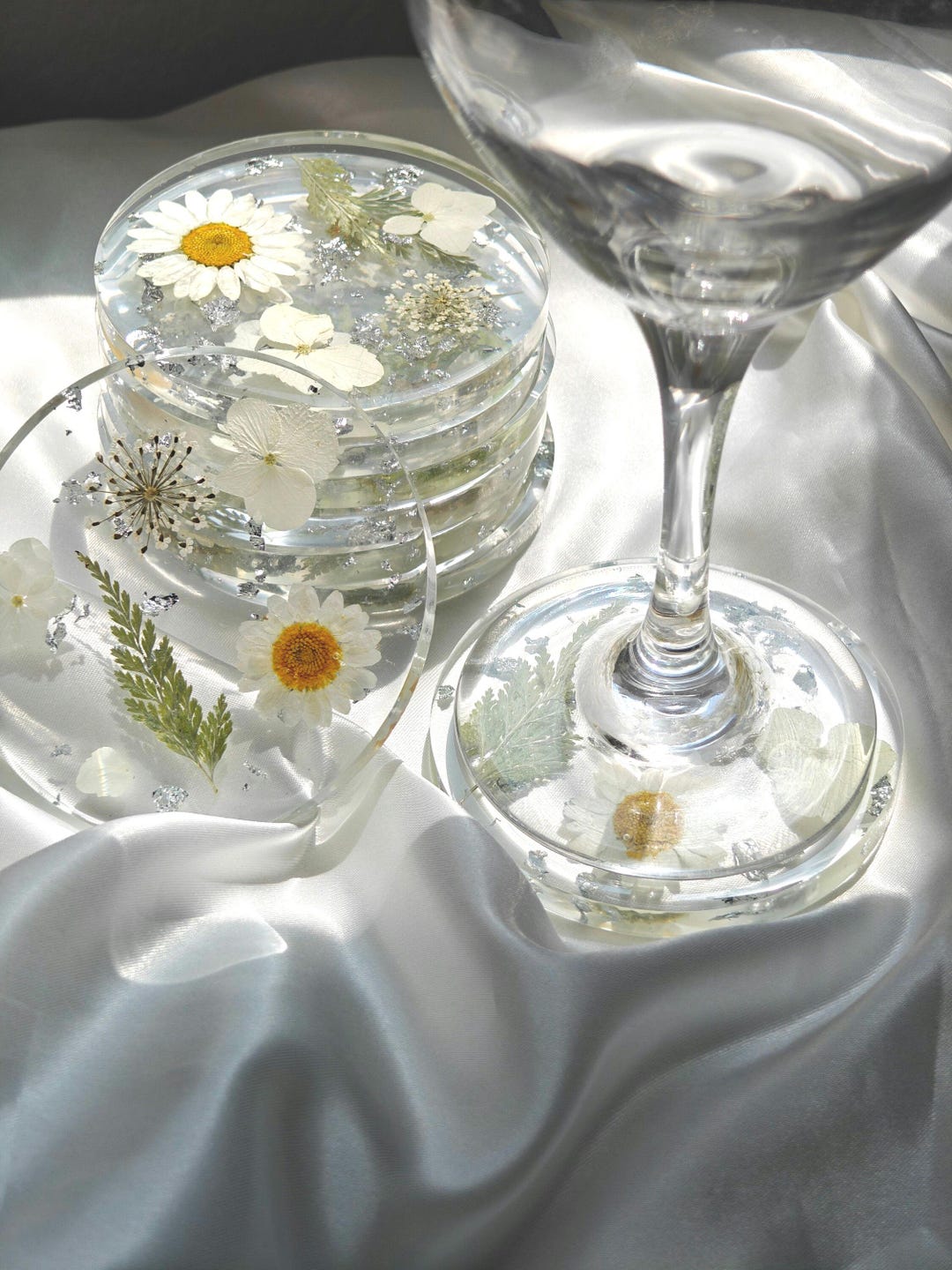 Pressed Floral Coasters: Clear Resin With Silver Leaf - Etsy Canada