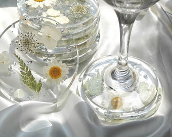 Pressed Floral Coasters: Clear Resin with Silver Leaf and gold leaf