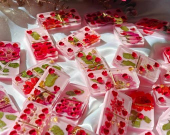 Handmade Floral Resin Dominoes: Gold Flakes Pressed Flowers Valentine Red dominoes