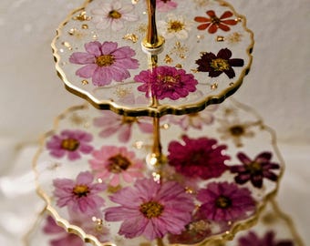 3 tiered resin tray/ cupcake stand/ dessert stand/ real pressed flowers