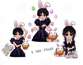 Easter Wednesday Bundle of 3 PNG, Girl Bunny Wednesday, Addams Happy Easter, Digital, Jenna Ortega png, Addams family clipart, digital file