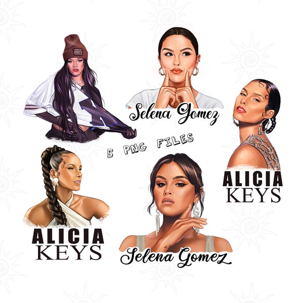 Ri-Ri, Selena, Alicia Keys bundle of 5 PNG, Gomes PNG hand drawn, Ri-Ri vibes sublimation designs, digital file, instant download