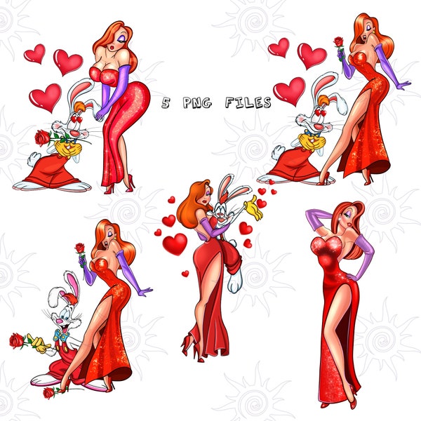 Bundle of 5 Jessica PNG, Girl red dress Design, Rabbit PNG, princess Sublimation, Printable file, St Valentines Day