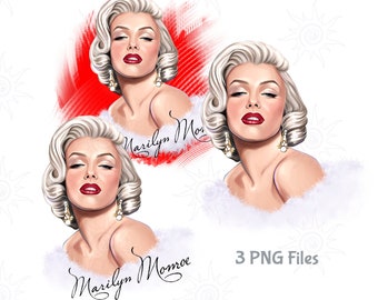 Printable  set of 3 Marilyn Monroe PNG hand drawn sublimation designs, no background, art digital download