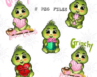 Bundle of 5 Grinch PNG files, with pan dulce, Cafecito Y Chisme, Tis The Season, Sublimation Designs digital download