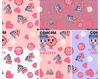 Bundle of 5 seamless pattern You're The Concha To My Cafetico PNG, Coffee Cups, Pan Dulce Valentines Day, instant download, digital file