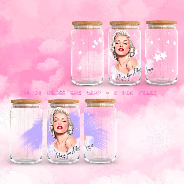 Marilyn Monroe 16oz glass can wrap, hand drawn sublimation designs, digital wrap, art digital download