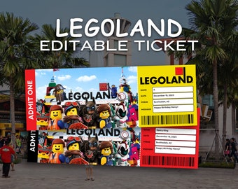 Bewerkbaar Legoland themapark verrassingsticket, vakantiereisticket, ticketsjabloon, verrassingscadeauticket, instapkaart, digitale downloads