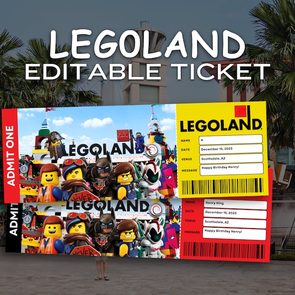 Bearbeitbare Legoland Freizeitpark Überraschungskarte, Urlaubsreiseticket, Ticketvorlage, Überraschungsgeschenkkarte, Bordkarte, digitale Downloads