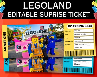 Bearbeitbare Legoland Freizeitpark Überraschungskarte, Urlaubsreiseticket, Ticketvorlage, Überraschungsgeschenkkarte, Bordkarte, digitale Downloads