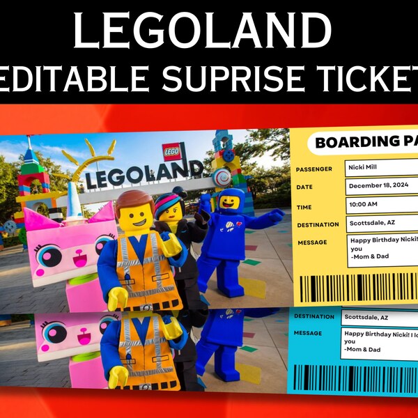 Editable Legoland Theme Park Surprise Ticket, Vacation Trip Ticket, Ticket Template, Surprise Gift Ticket, Boarding Pass, Digital Downloads