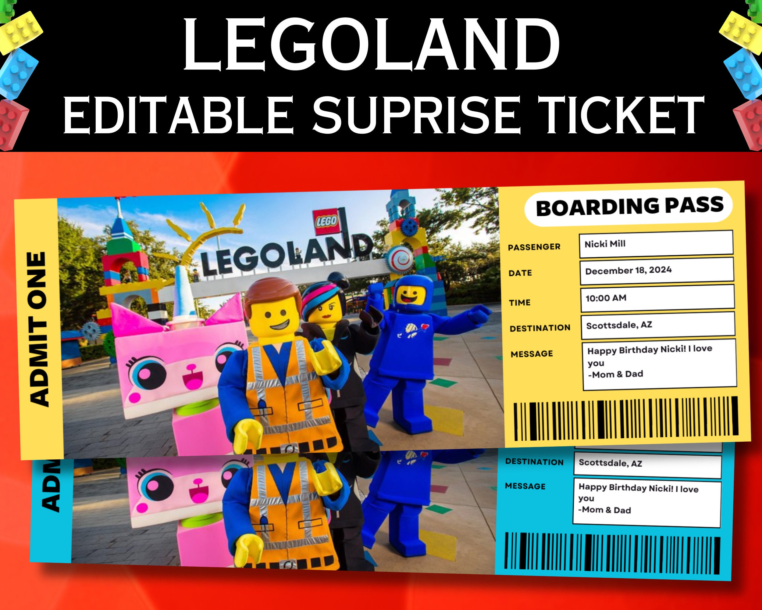 Editable Legoland Theme Park Surprise Ticket, Vacation Trip Ticket ...