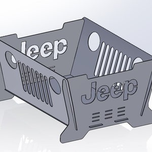 May include: A gray metal fire pit with the word "Jeep" cut out on the sides. The design incorporates the Jeep grille and headlight design. The fire pit has a rectangular shape with angled sides and a sturdy base.