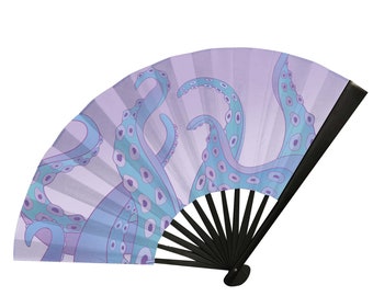Candy Tentacles Folding Fan: Rave Festival Black Bamboo Satin
