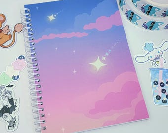 Starry Horizon Reusable Sticker Book: A5 Spiral Notebook, 50 double-sided pages with Animal Crossing inspired cover design