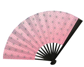 Pink Kimono Folding Fan | Rave fan | Festival fan | Nezuko anime inspired | Sturdy Black Bamboo Ribs and Durable Satin