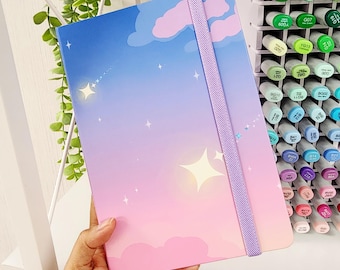Starry Horizon Hardcover Notebook | College-lined, double-sided blank 100 pages with pink cherry blossom design. A5 size