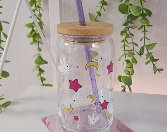 Bunny Moon Glass Cup: Kawaii Sailor Moon Inspired, Bamboo Lid & Straw