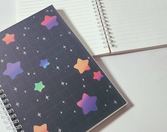 Rainbow Star Galaxy Notebook | College-lined, double-sided blank 100 page spiral notebook with lofi inspired stars design. A5 size