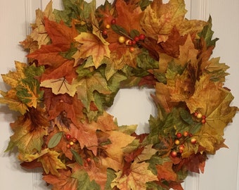 Fall Maple Leaves Wreath With Berries / Front Door Wreath / 14 Inch Grapevine Wreath/ Fall Wreath