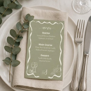 Wedding Menu Card Canva Template, Editable Printable, Sage Green Botanical, Elegant Monogram, Instant Download, Table Menu Card