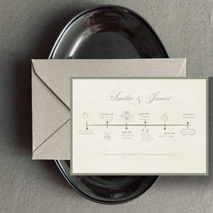 Puede incluir: Una tarjeta rectangular de cronograma de boda con fondo texturizado beige claro y texto verde oliva. La tarjeta presenta una línea de tiempo horizontal con iconos para eventos que incluyen ceremonia, brindis, almuerzo, primer baile, fiesta y el final. Los nombres Amelia & James están impresos arriba, con The Ivory Garden Estate y el año dos mil veintiséis abajo.