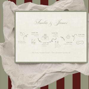 Puede incluir: Una tarjeta de invitación de boda rectangular con fondo crema claro y borde verde salvia. Presenta el texto Amelia & James, una línea de tiempo de eventos de 12:00 a 2:00 con iconos de líneas y The Ivory Garden Estate Two thousand twenty-six.